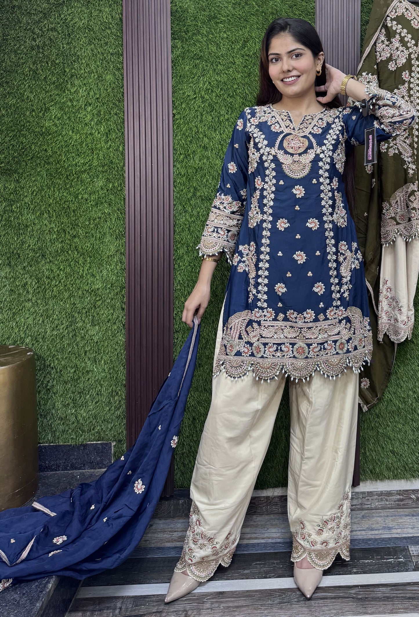 Pearl Work Embroidered Farshi Salwar Suit with Contrast Dupatta