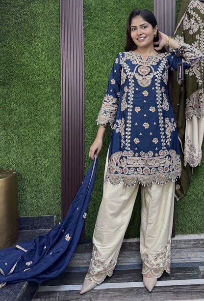 Pearl Work Embroidered Farshi Salwar Suit with Contrast Dupatta