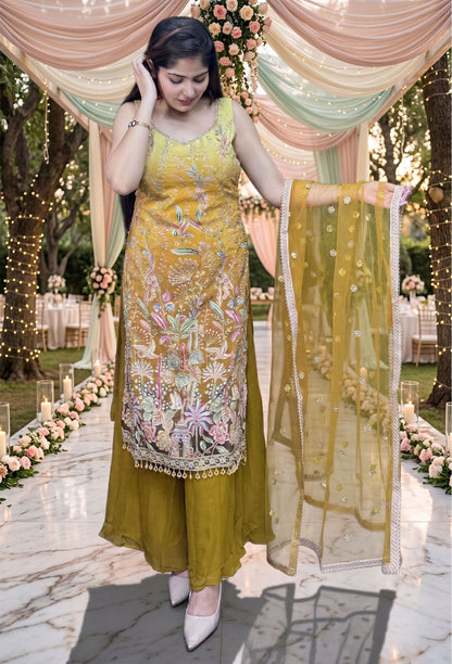 Karachi Embroidered Long Shirt Plazo Suit with Contrast Dupatta