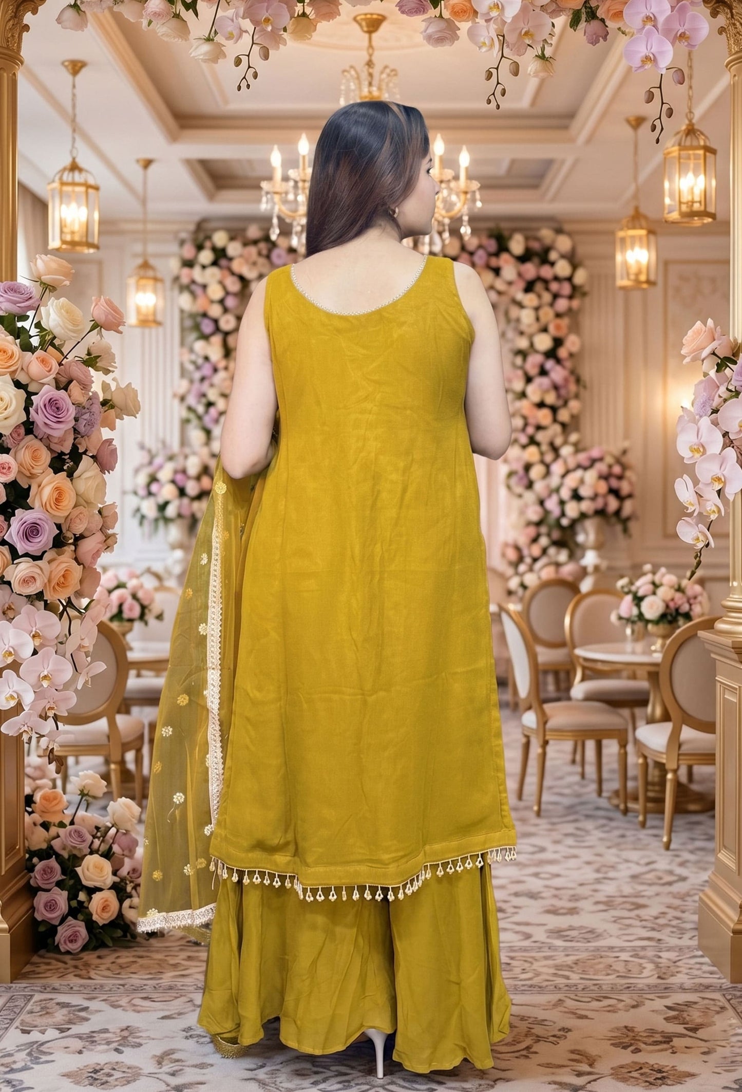 Karachi Embroidered Long Shirt Plazo Suit with Contrast Dupatta