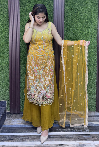 Karachi Embroidered Long Shirt Plazo Suit with Contrast Dupatta