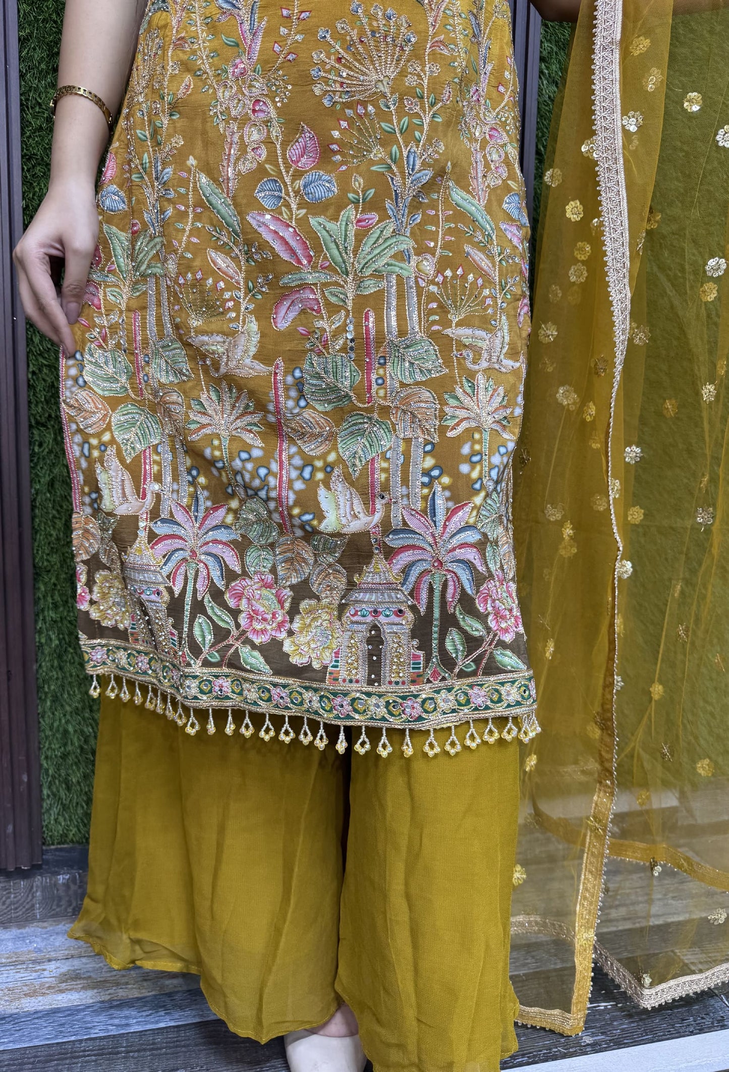 Karachi Embroidered Long Shirt Plazo Suit with Contrast Dupatta