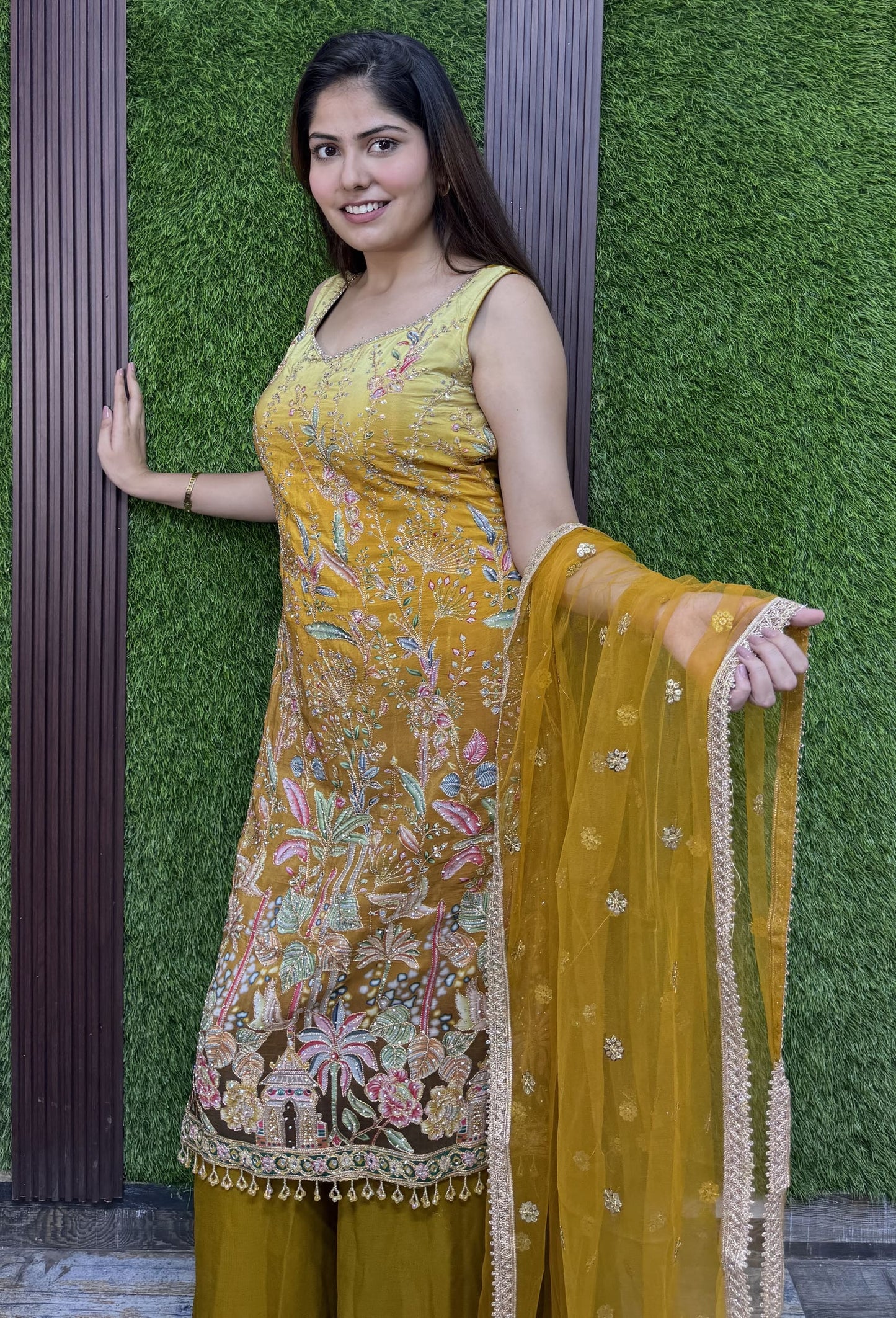 Karachi Embroidered Long Shirt Plazo Suit with Contrast Dupatta