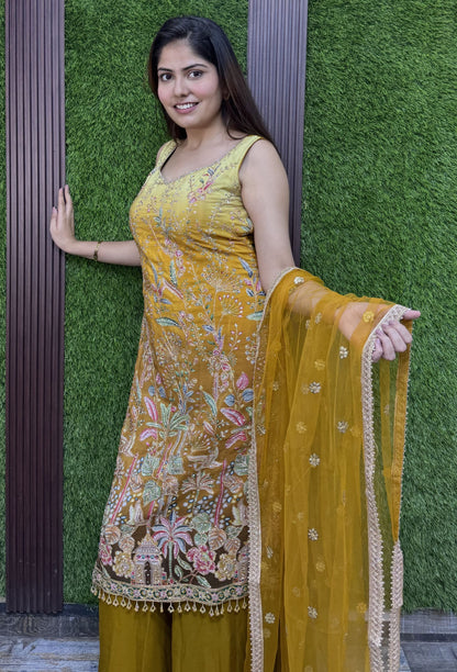 Karachi Embroidered Long Shirt Plazo Suit with Contrast Dupatta