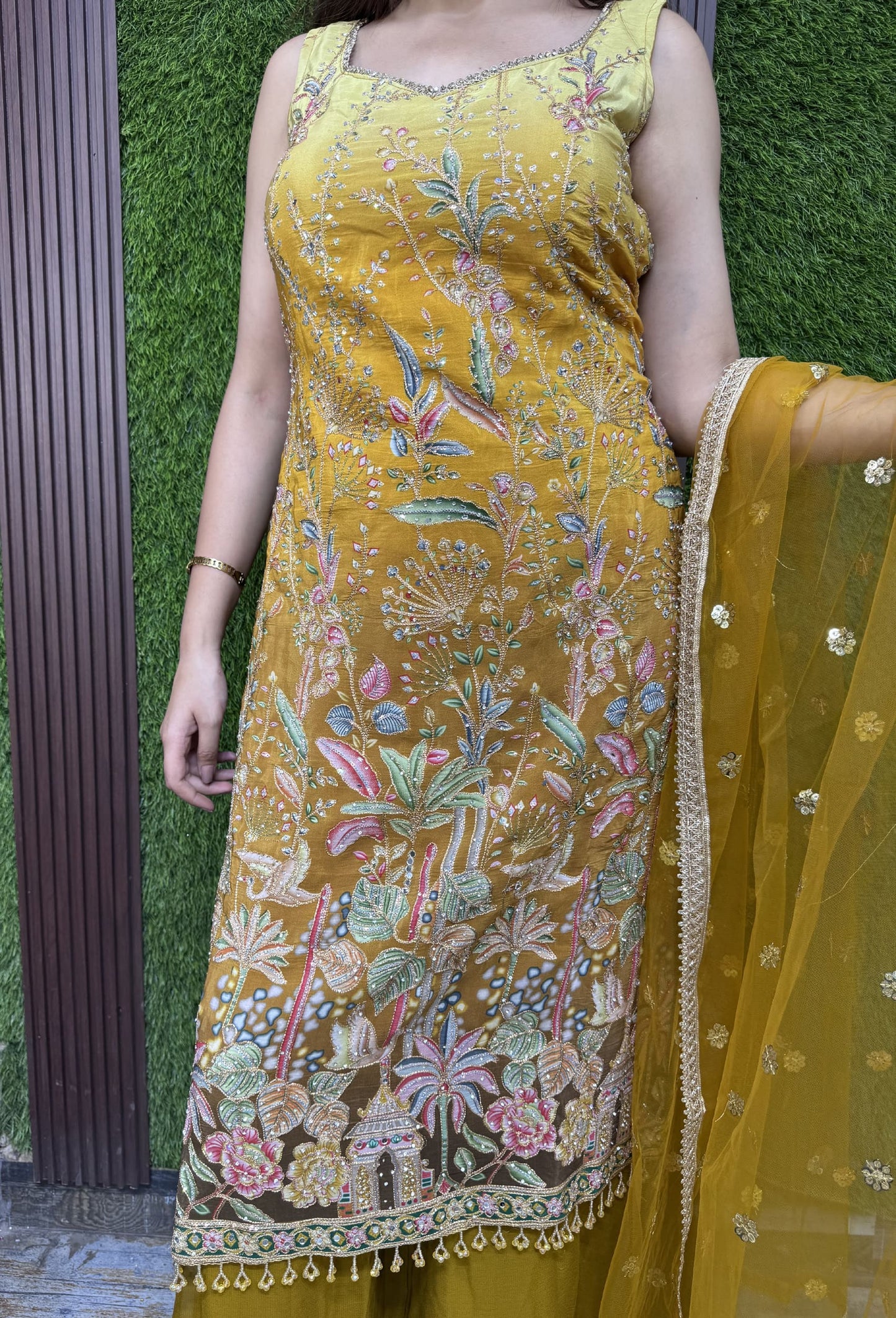 Karachi Embroidered Long Shirt Plazo Suit with Contrast Dupatta