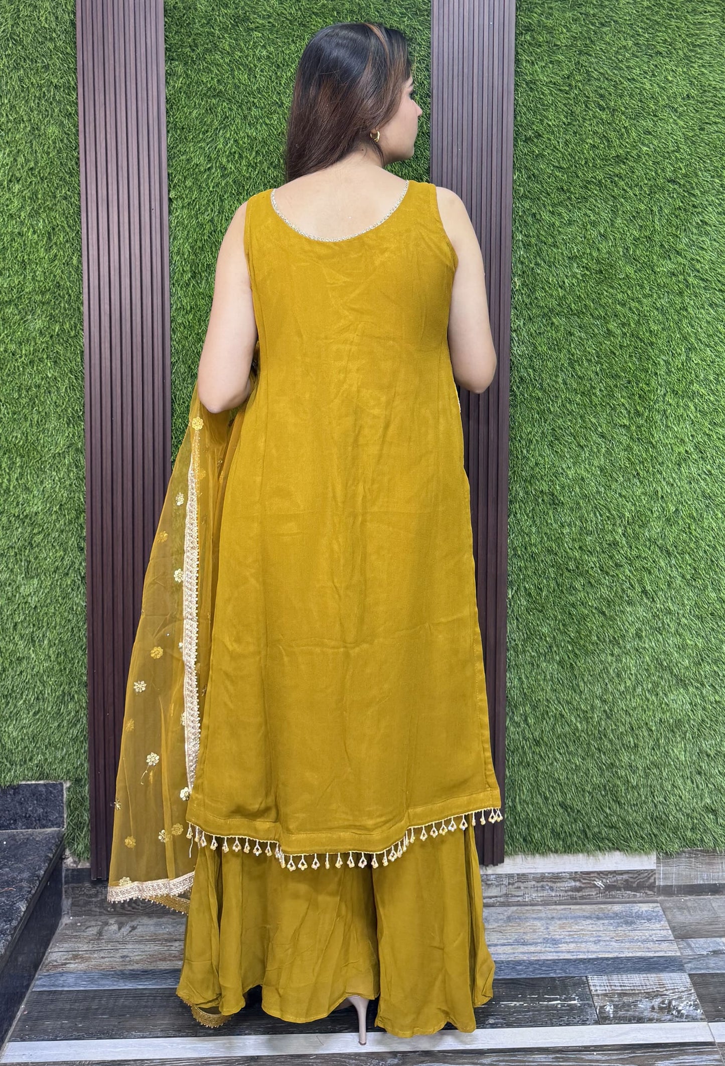 Karachi Embroidered Long Shirt Plazo Suit with Contrast Dupatta