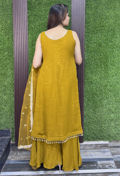 Karachi Embroidered Long Shirt Plazo Suit with Contrast Dupatta