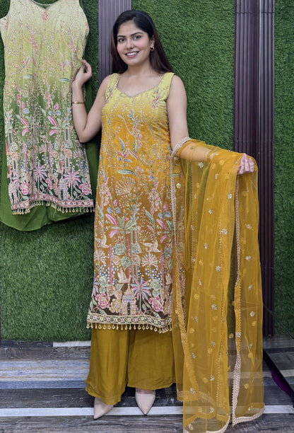Karachi Embroidered Long Shirt Plazo Suit with Contrast Dupatta