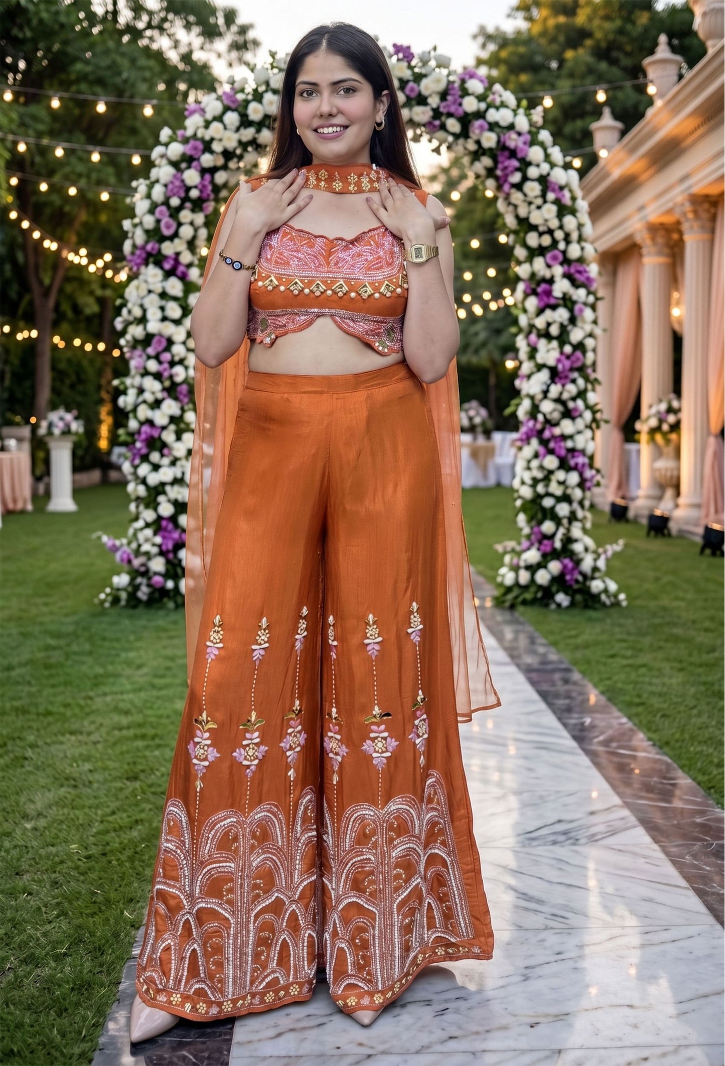 Designer Embroidered Crop Top Sharara Set with Choker Dupatta