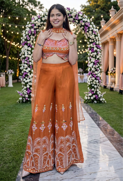 Designer Embroidered Crop Top Sharara Set with Choker Dupatta