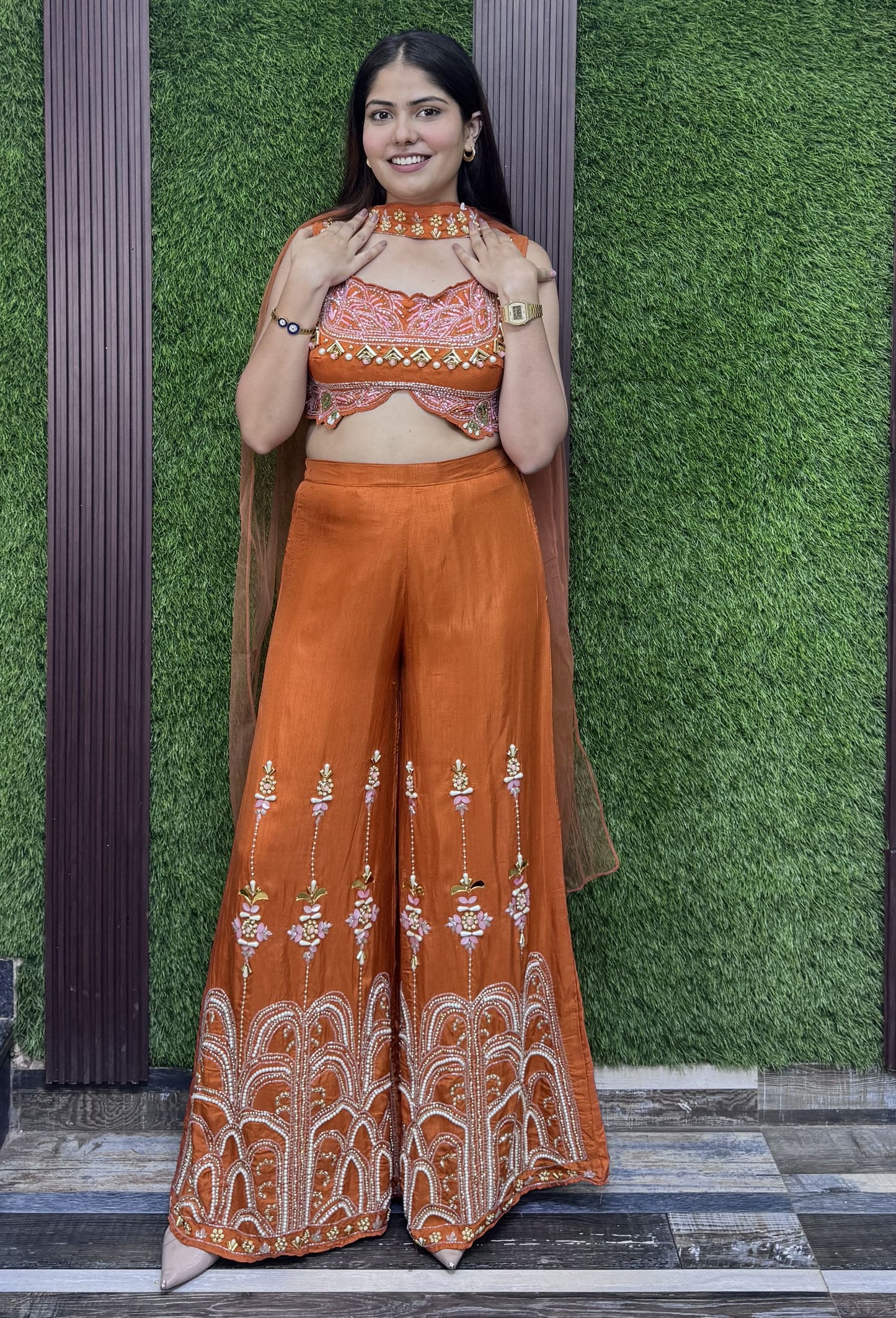 Designer Embroidered Crop Top Sharara Set with Choker Dupatta