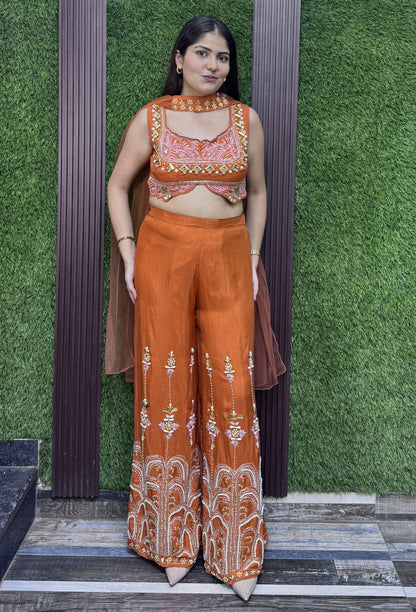 Designer Embroidered Crop Top Sharara Set with Choker Dupatta