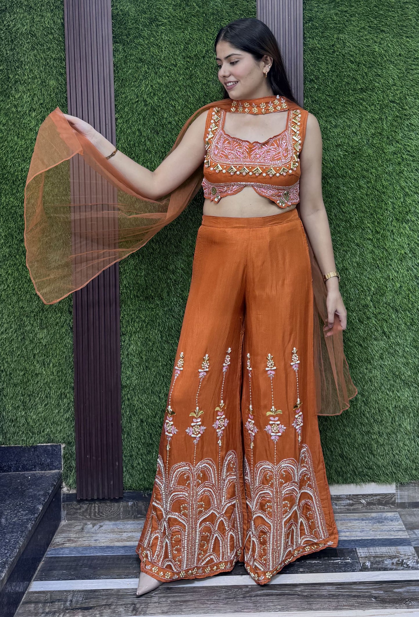 Designer Embroidered Crop Top Sharara Set with Choker Dupatta