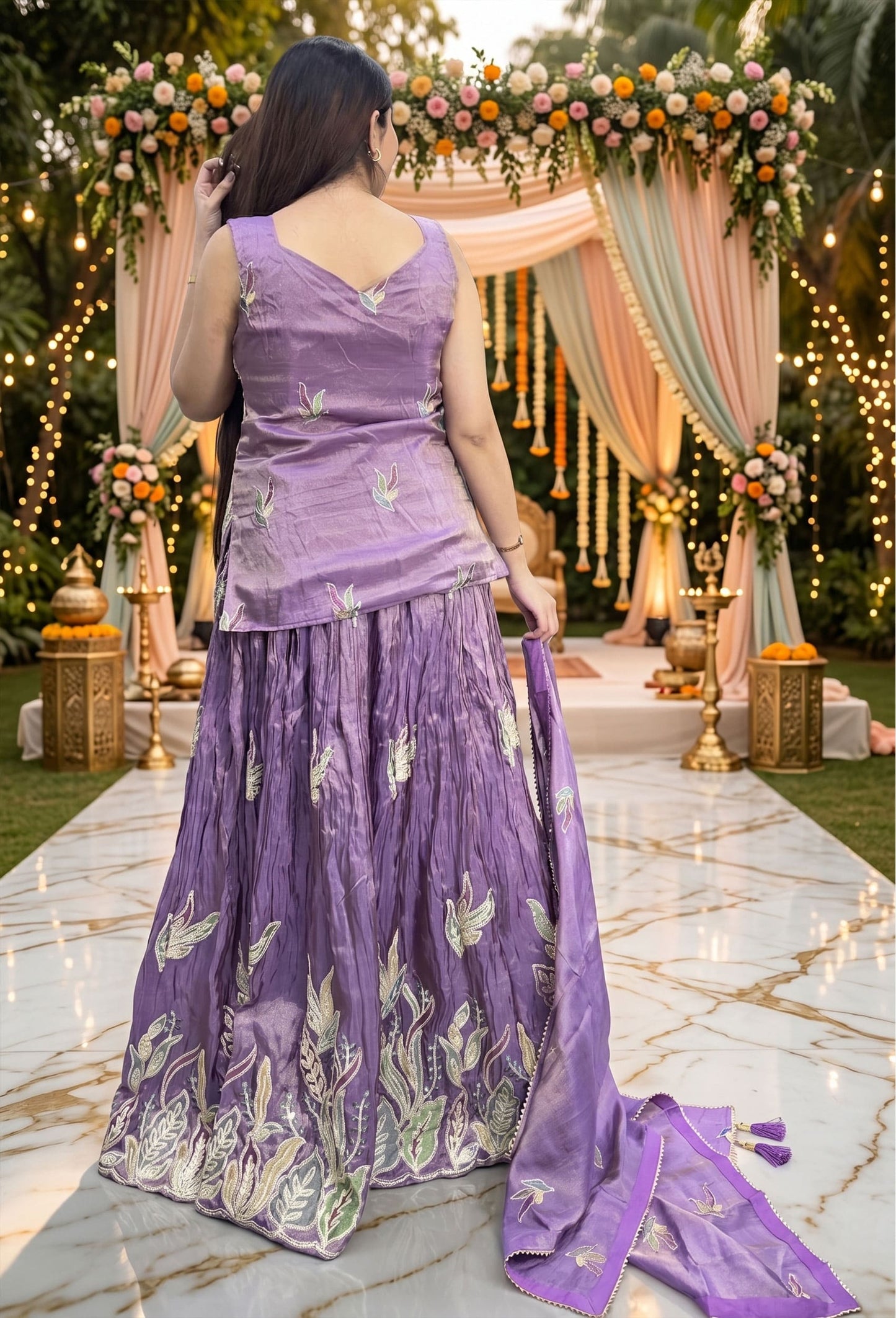 Indo-Western Multi Gotta Embroidery Work Peplum Short Shirt with Lehenga & Dupatta