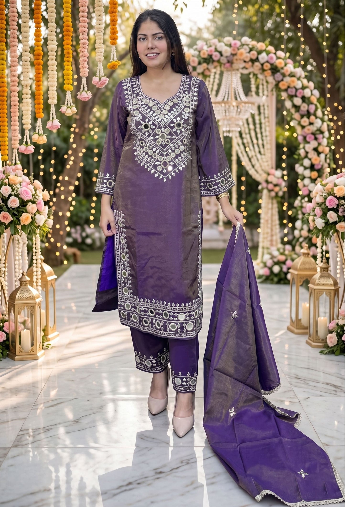 Mirror Work Embroidered Long Pakistani Suit with Trouser Pants & Embroidered Dupatta – Wine