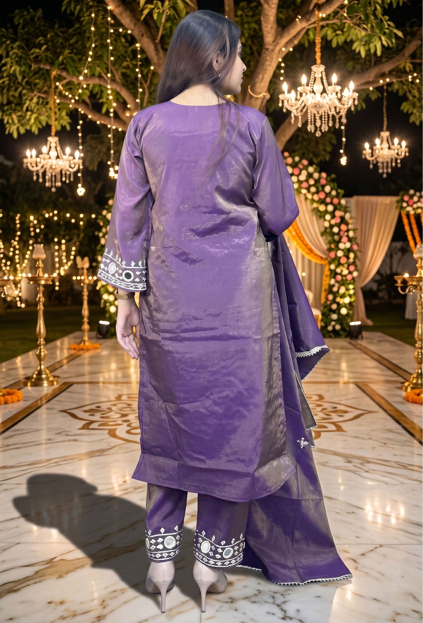 Mirror Work Embroidered Long Pakistani Suit with Trouser Pants & Embroidered Dupatta – Wine