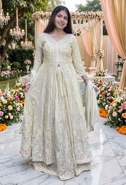 Front Cut Long Anarkali with Bead & Handwork Embroidery Skirt & Shimmer Silk Dupatta