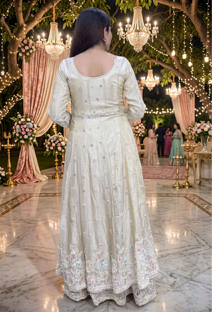 Front Cut Long Anarkali with Bead & Handwork Embroidery Skirt & Shimmer Silk Dupatta