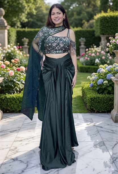 Designer Armani Satin Indo-Western Top with Cape & Cowl Skirt