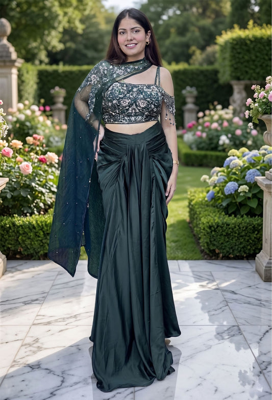 Designer Armani Satin Indo-Western Top with Cape & Cowl Skirt