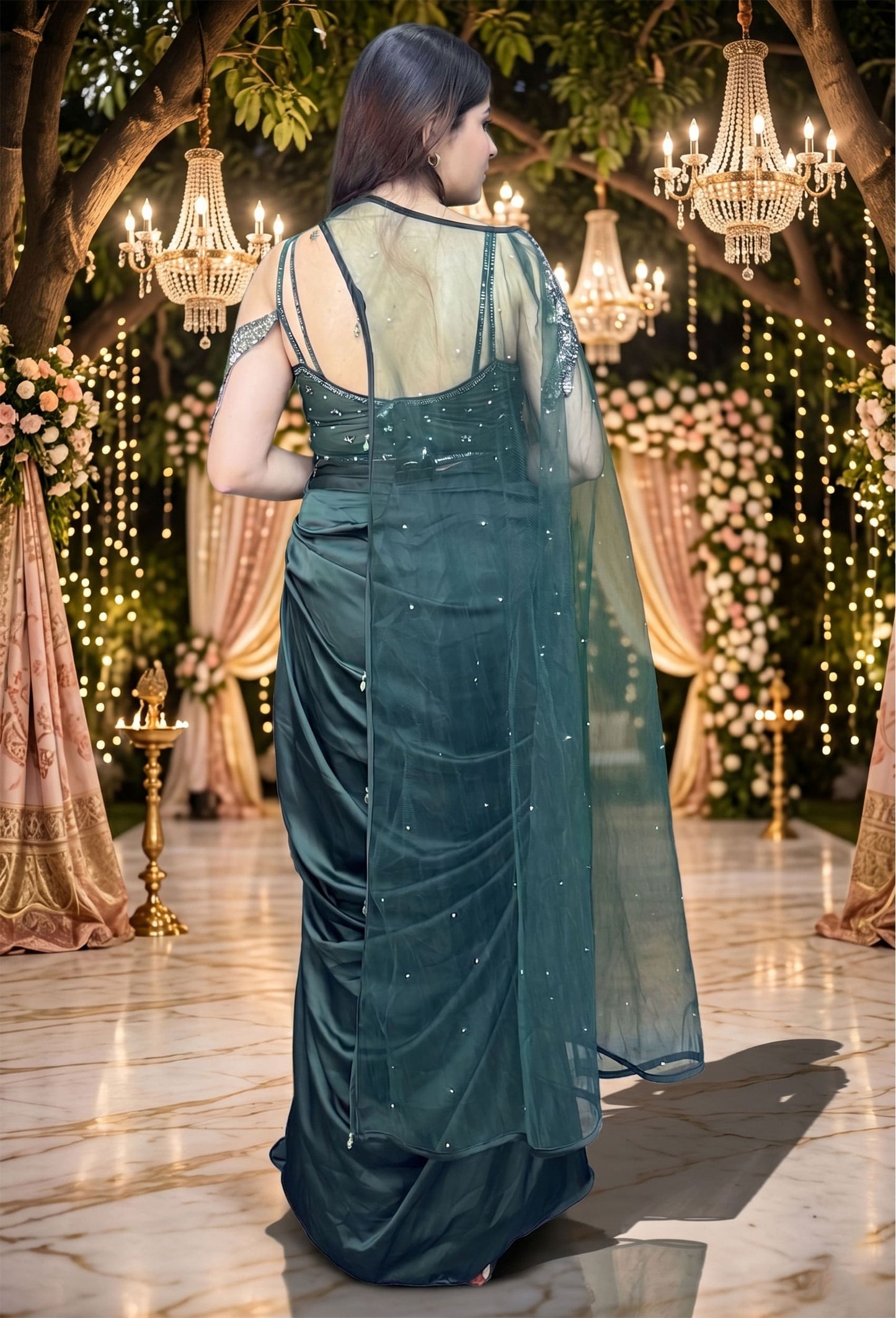 Designer Armani Satin Indo-Western Top with Cape & Cowl Skirt