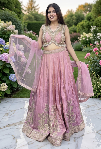 Designer Handwork Lehenga in Chinnon Silk with Backless Blouse & Embroidered Dupatta