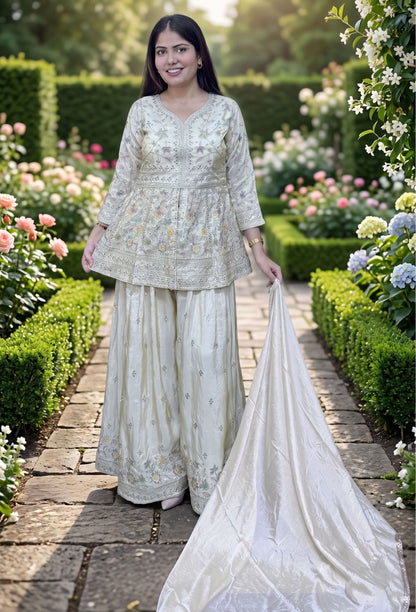 Chinnon Silk Peplum Multi Thread Embroidery Plazo Suit with Dupatta