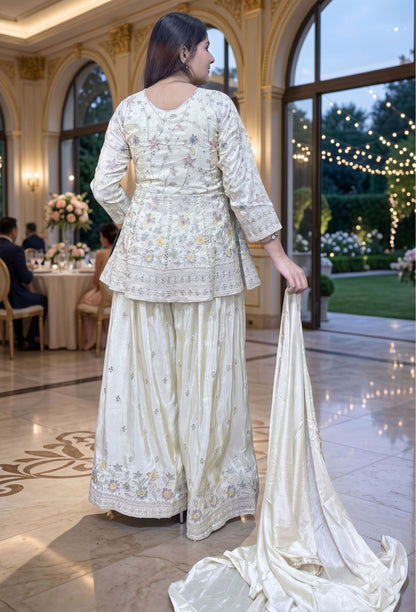 Chinnon Silk Peplum Multi Thread Embroidery Plazo Suit with Dupatta