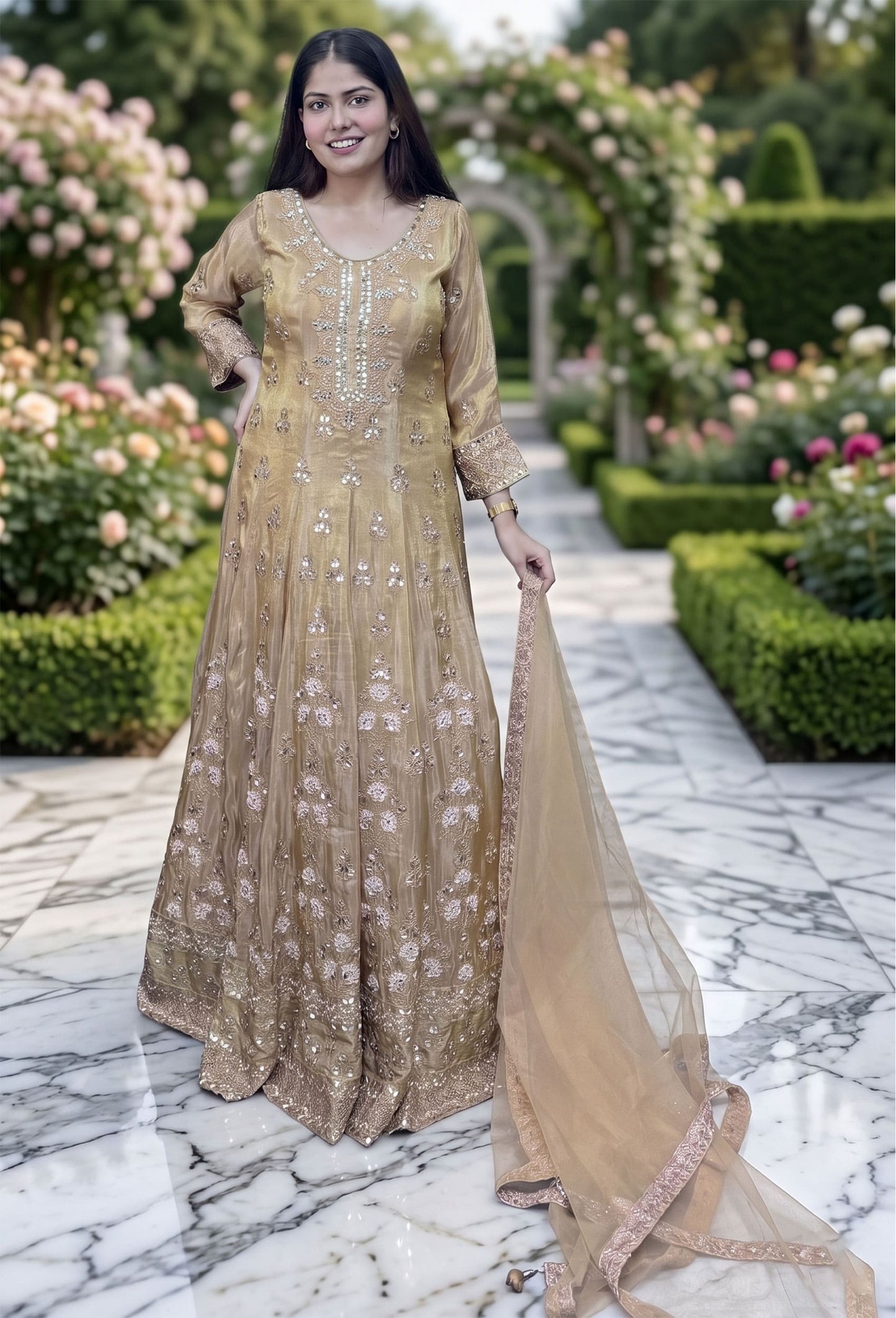 Golden Chinnon Silk Anarkali with Heavy Embroidery Mirror Work Neck Dupatta