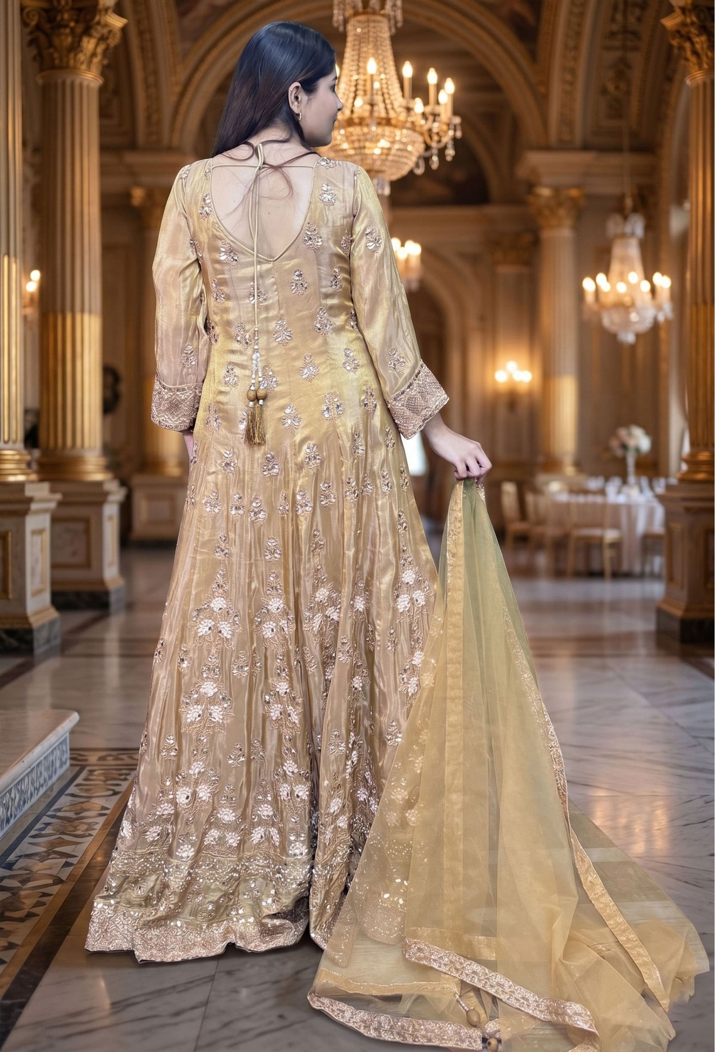 Golden Chinnon Silk Anarkali with Heavy Embroidery Mirror Work Neck Dupatta