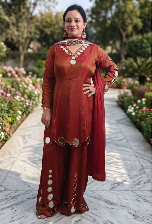 Designer Mirror Work Peplum Suit with Plazo Chiffon Dupatta Set