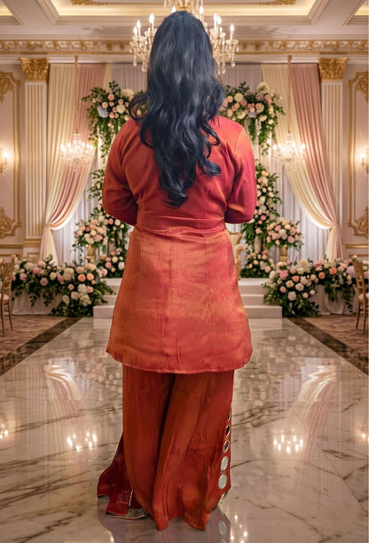 Designer Mirror Work Peplum Suit with Plazo Chiffon Dupatta Set