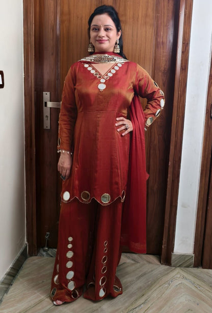 Designer Mirror Work Peplum Suit with Plazo Chiffon Dupatta Set