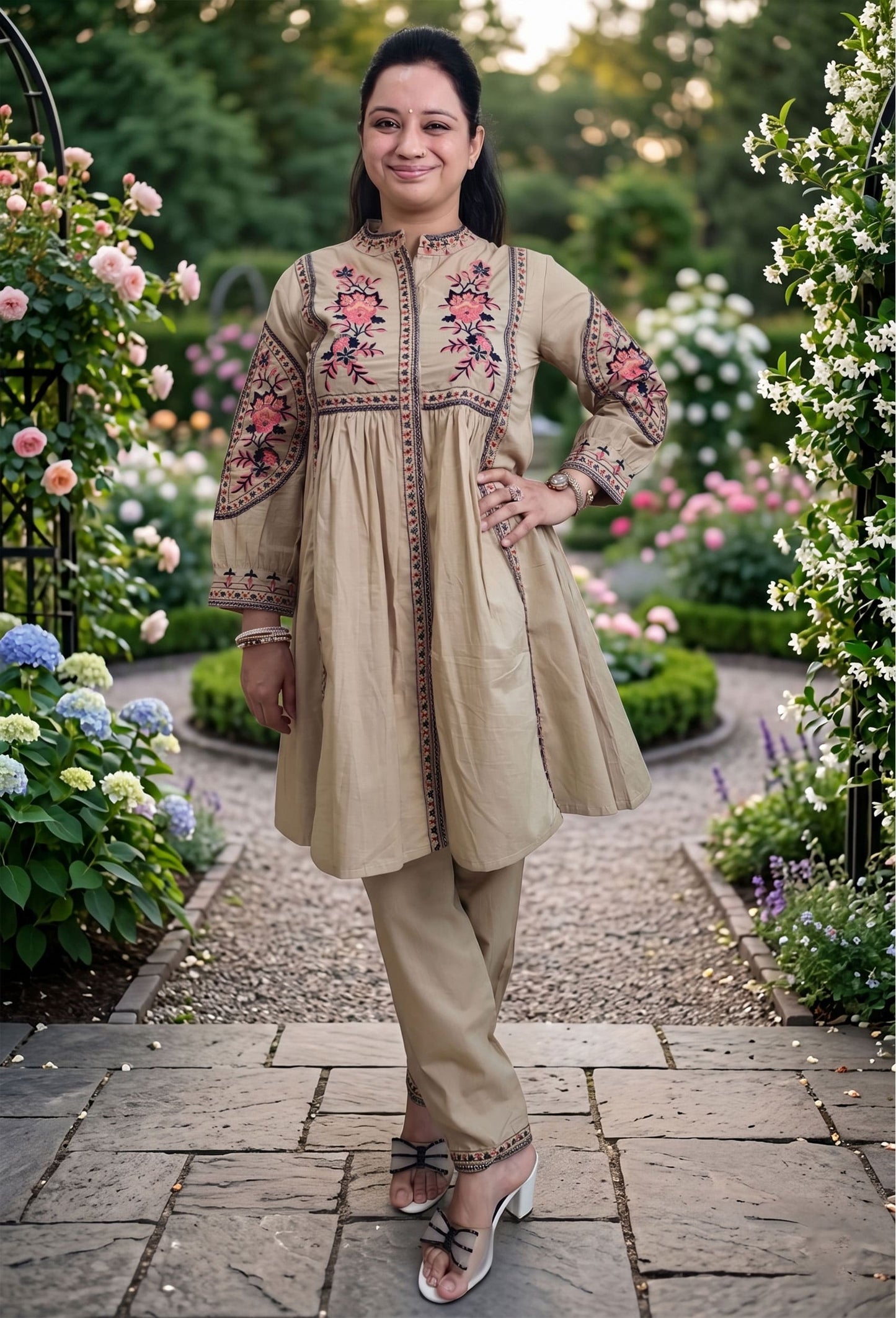 Pure Cotton Peplum Kurta Pant Cord Set with Elegant Embroidered in Beige