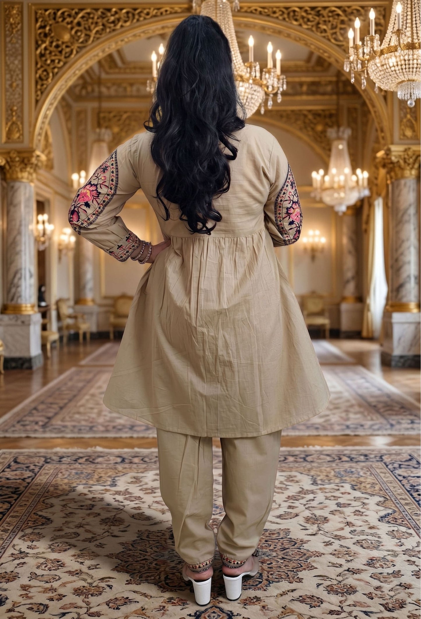 Pure Cotton Peplum Kurta Pant Cord Set with Elegant Embroidered in Beige