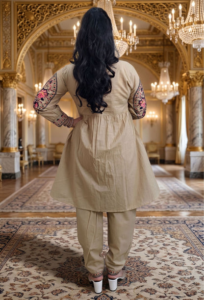 Pure Cotton Peplum Kurta Pant Cord Set with Elegant Embroidered in Beige