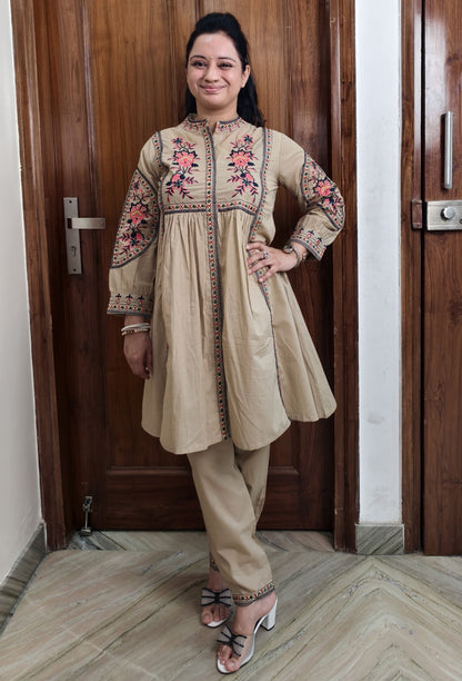 Pure Cotton Peplum Kurta Pant Cord Set with Elegant Embroidered in Beige