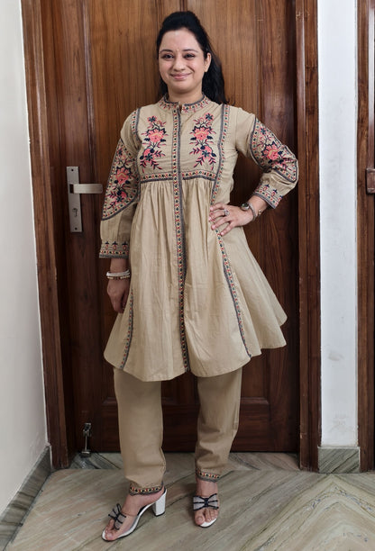 Pure Cotton Peplum Kurta Pant Cord Set with Elegant Embroidered in Beige