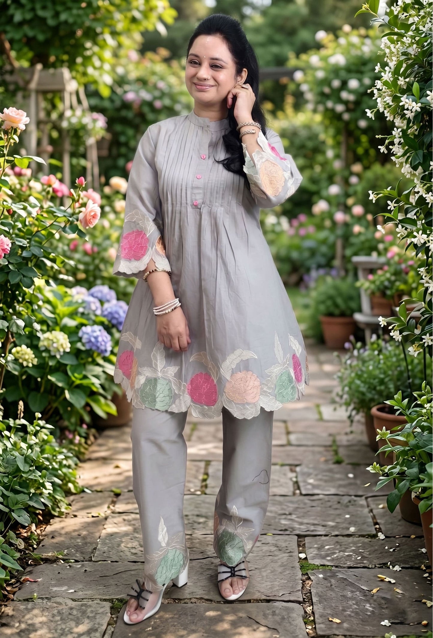 Premium English Grey Cotton Peplum Set with Floral Thread Embroidery