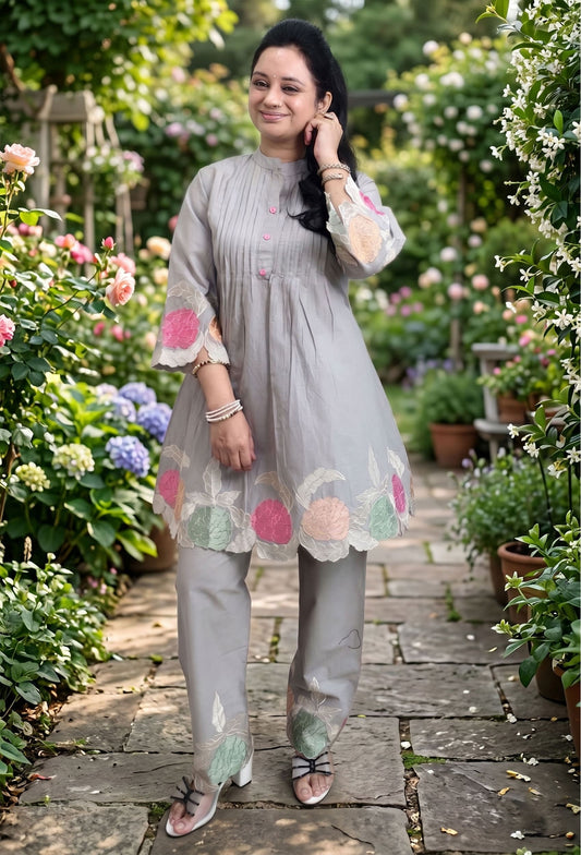 Premium English Grey Cotton Peplum Set with Floral Thread Embroidery