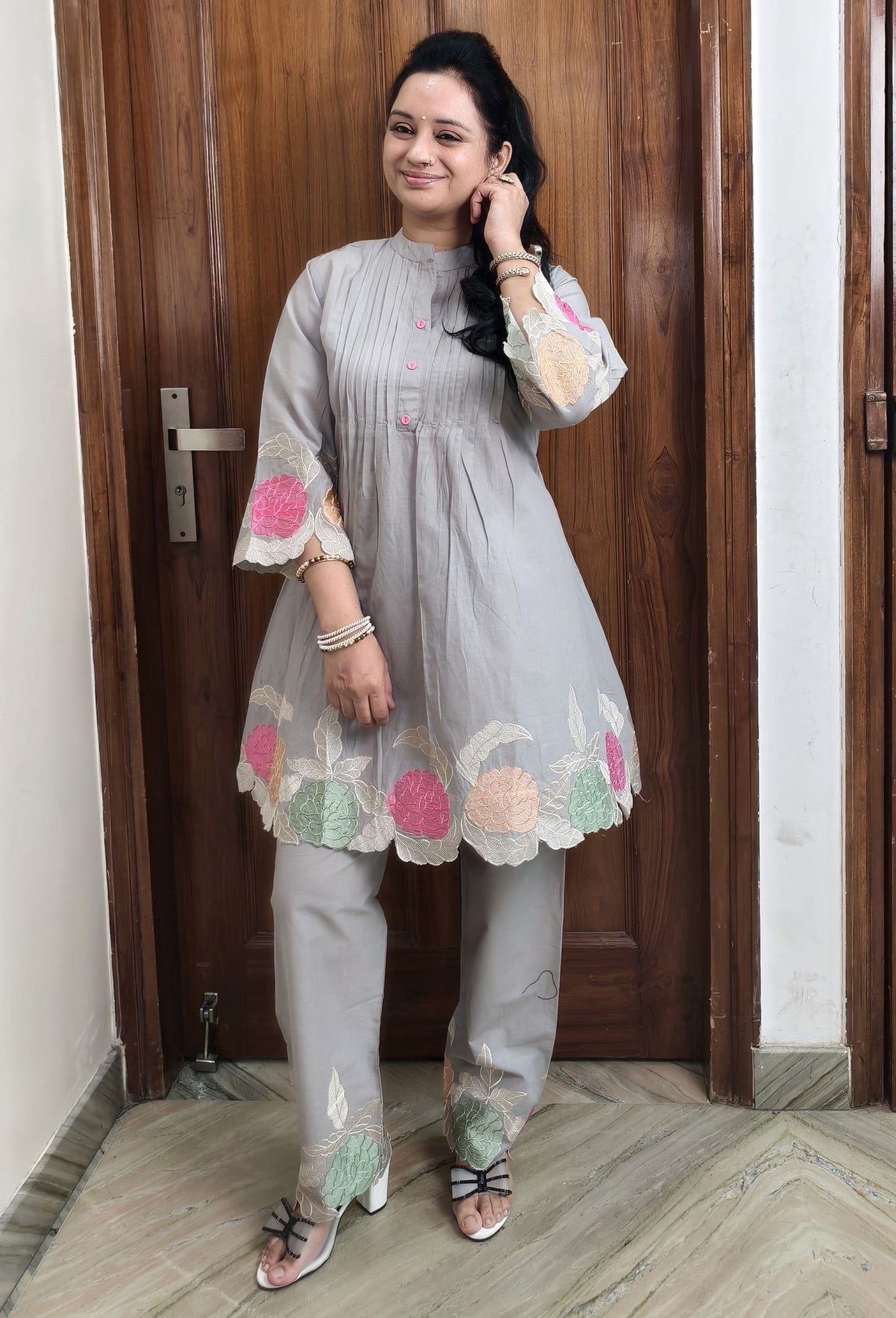 Premium English Grey Cotton Peplum Set with Floral Thread Embroidery