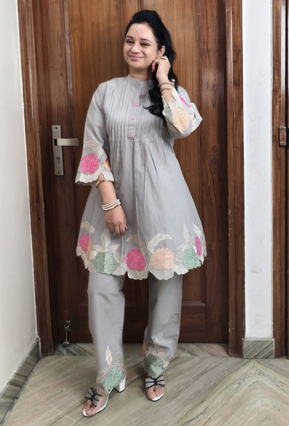 Premium English Grey Cotton Peplum Set with Floral Thread Embroidery