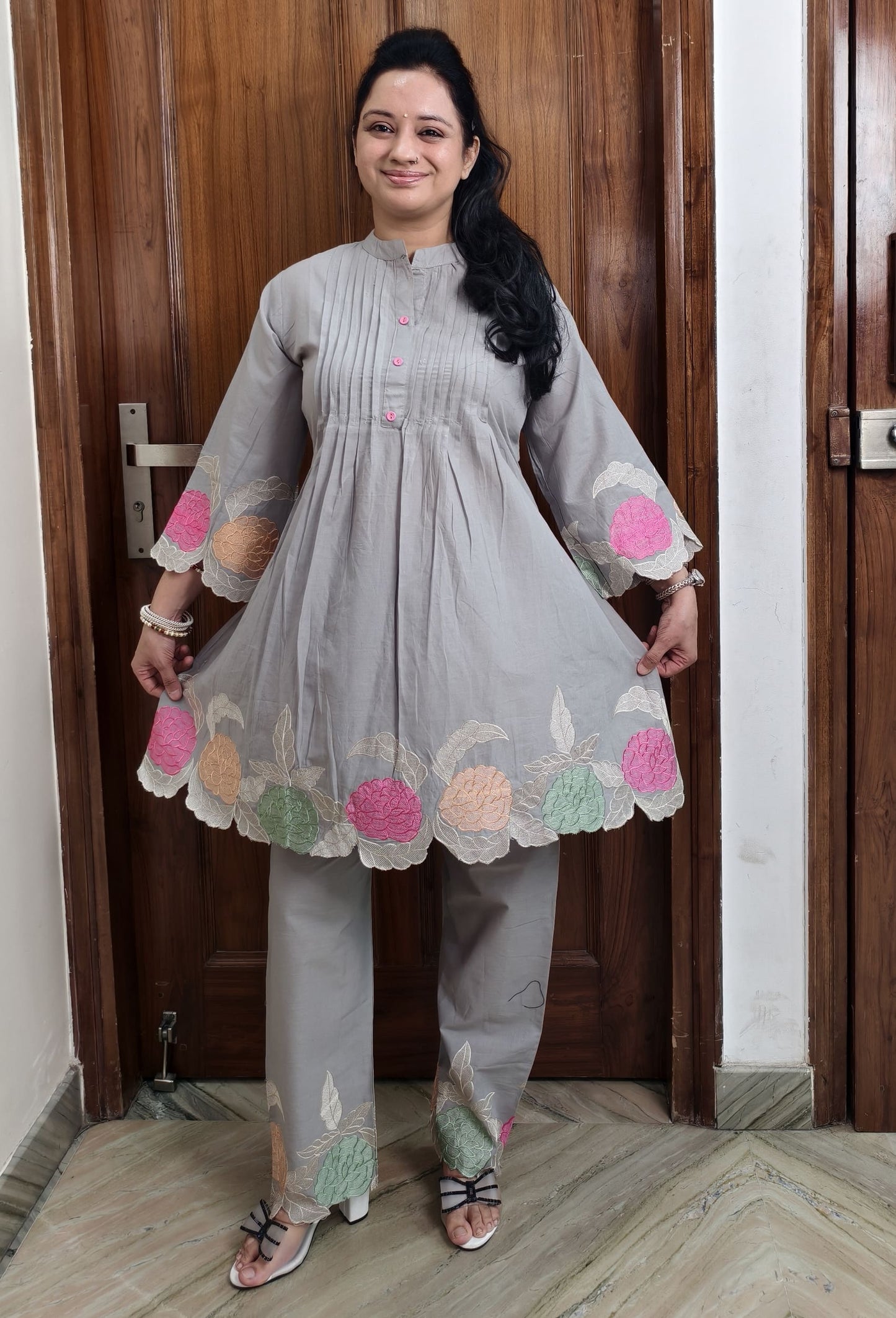 Premium English Grey Cotton Peplum Set with Floral Thread Embroidery