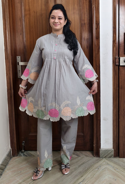 Premium English Grey Cotton Peplum Set with Floral Thread Embroidery