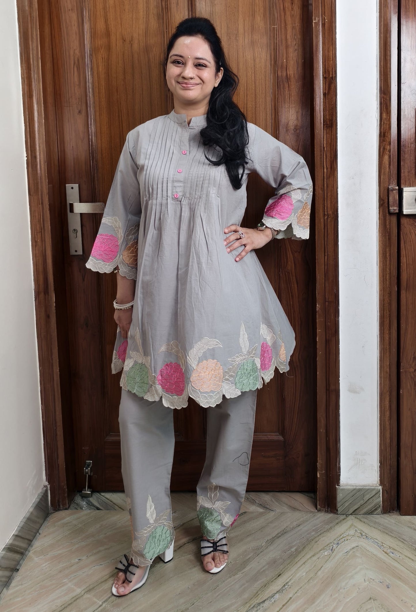 Premium English Grey Cotton Peplum Set with Floral Thread Embroidery