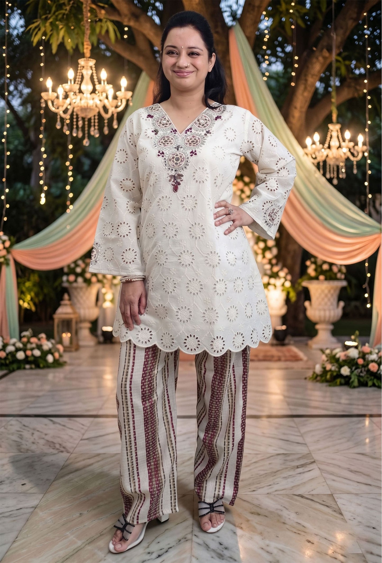 Chiffli Mirror Neck Jacquard Embroidery Kurta Set with Cotton Pants