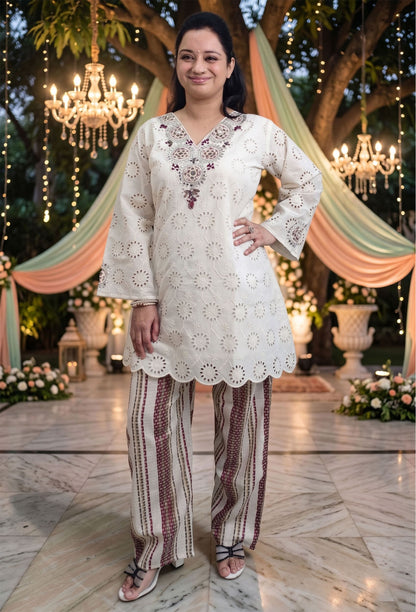 Chiffli Mirror Neck Jacquard Embroidery Kurta Set with Cotton Pants