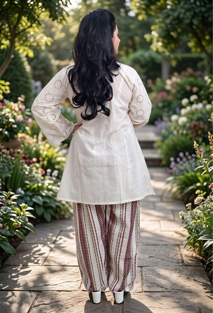 Chiffli Mirror Neck Jacquard Embroidery Kurta Set with Cotton Pants
