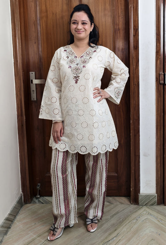 Chiffli Mirror Neck Jacquard Embroidery Kurta Set with Cotton Pants