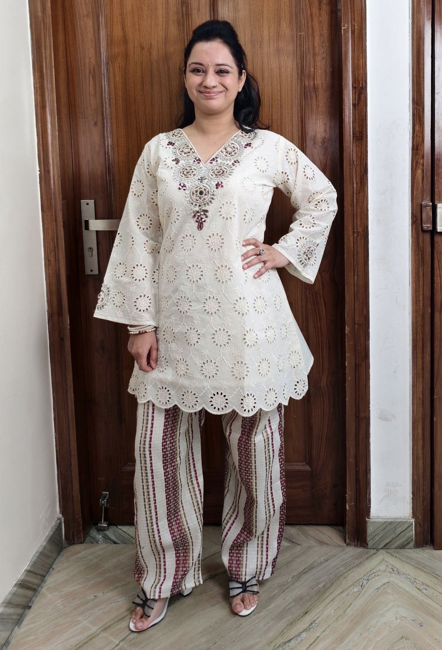 Chiffli Mirror Neck Jacquard Embroidery Kurta Set with Cotton Pants